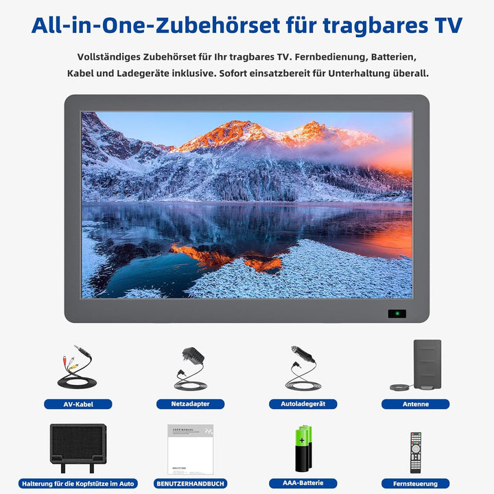 DESOBRY Tragbarer 14.3-Zoll-Fernseher mit Antenne, Kleiner tragbarer Fernseher mit DVB-T2 Tuner, Min
