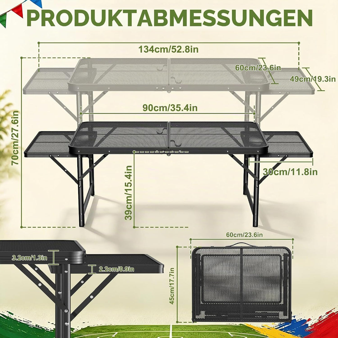 Klappbare Campingtische mit Metallgitterplatte, Faltbare Regal &amp; Griff, 2 Höhenverstellbar Metall Be