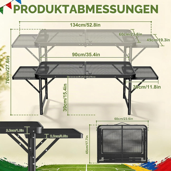 Klappbare Campingtische mit Metallgitterplatte, Faltbare Regal &amp; Griff, 2 Höhenverstellbar Metall Be