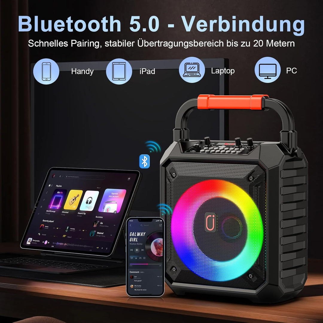 JAUYXIAN Karaoke Machine mit 2 drahtlosen Mikrofones, Tragbaren Bluetooth Lautsprecher mit RGB-Licht
