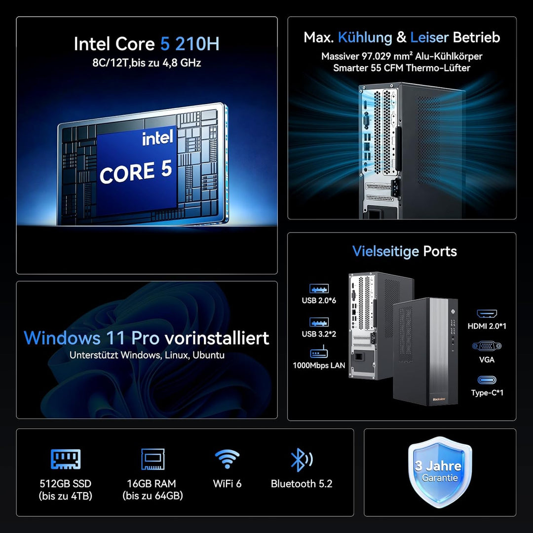 Blackview Tower PC Win 11 Pro, Intel Core 5 210H (bis 4.80 GHz, 13. Gen) Office Desktop PC (16GB RAM