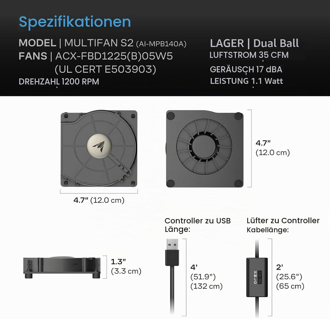 AC Infinity MULTIFAN S2, Leiser 120mm USB Gebläse Ventilator mit Geschwindigkeitsregler, für Receive