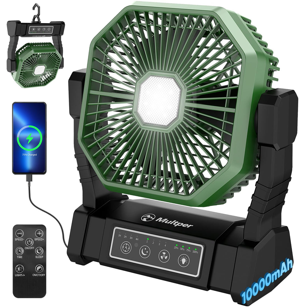 Multper Campingventilator mit LED-Licht, 20000 mAh Wiederaufladbarer Outdoor Zeltventilator mit Hake