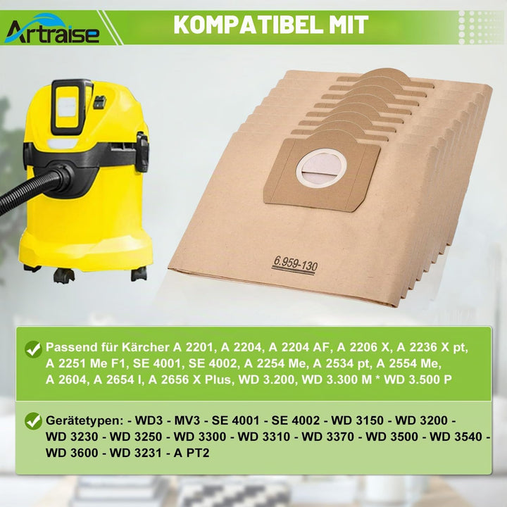 Artraise Wd3 Beutel für Kärcher Staubsauger 6.959-130.0, 8 Stück Premium Staubsaugerbeutel Papierfil