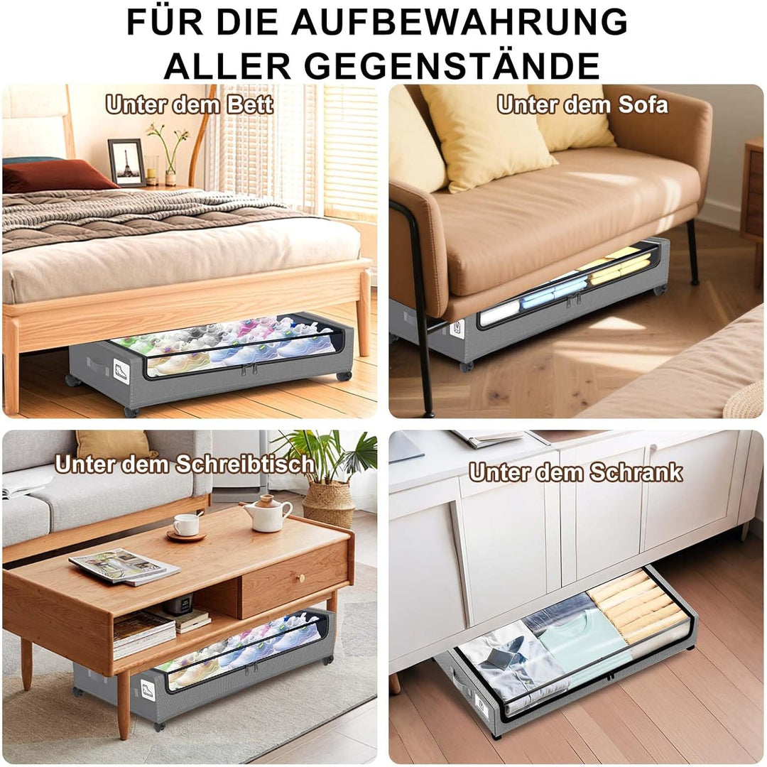 2 Stück Unterbett Aufbewahrungsbox mit Rollen und Deckel, Unterbettkommode mit klaren Deckeln & Etik