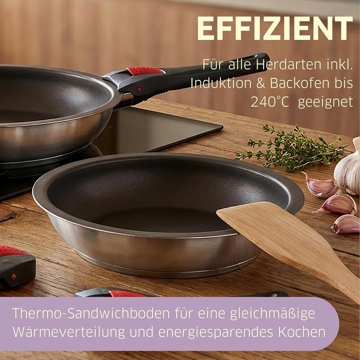 Pfannenset Induktion 3-teilig Bratpfanne 28 cm mit Glasdeckel & abnehmbarer Griff, antihaftbeschicht