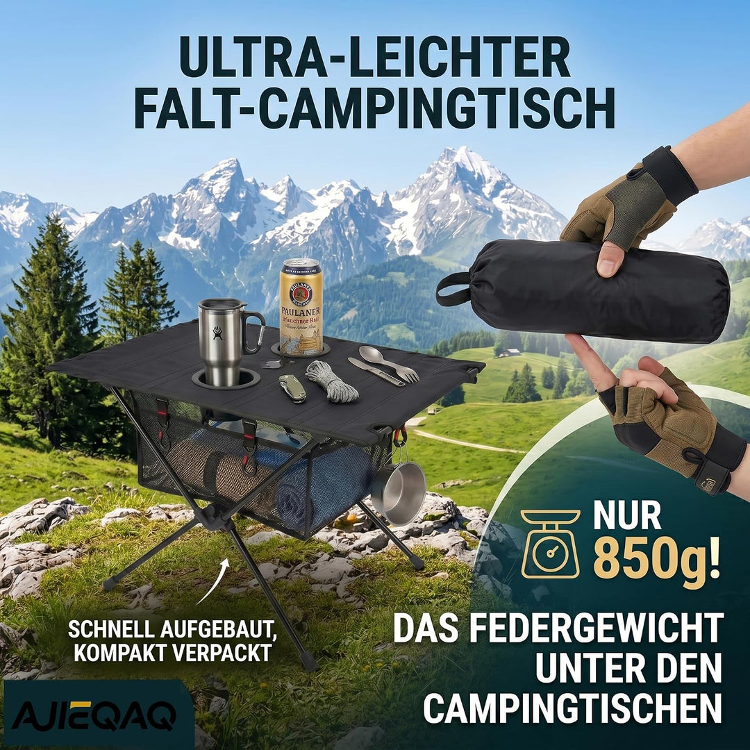 Campingtisch Klappbar Aluminium, Schwarz, 60x39x37cm | Ultraleicht, Taktisch, Aufbewahrungsnetz &amp; 4