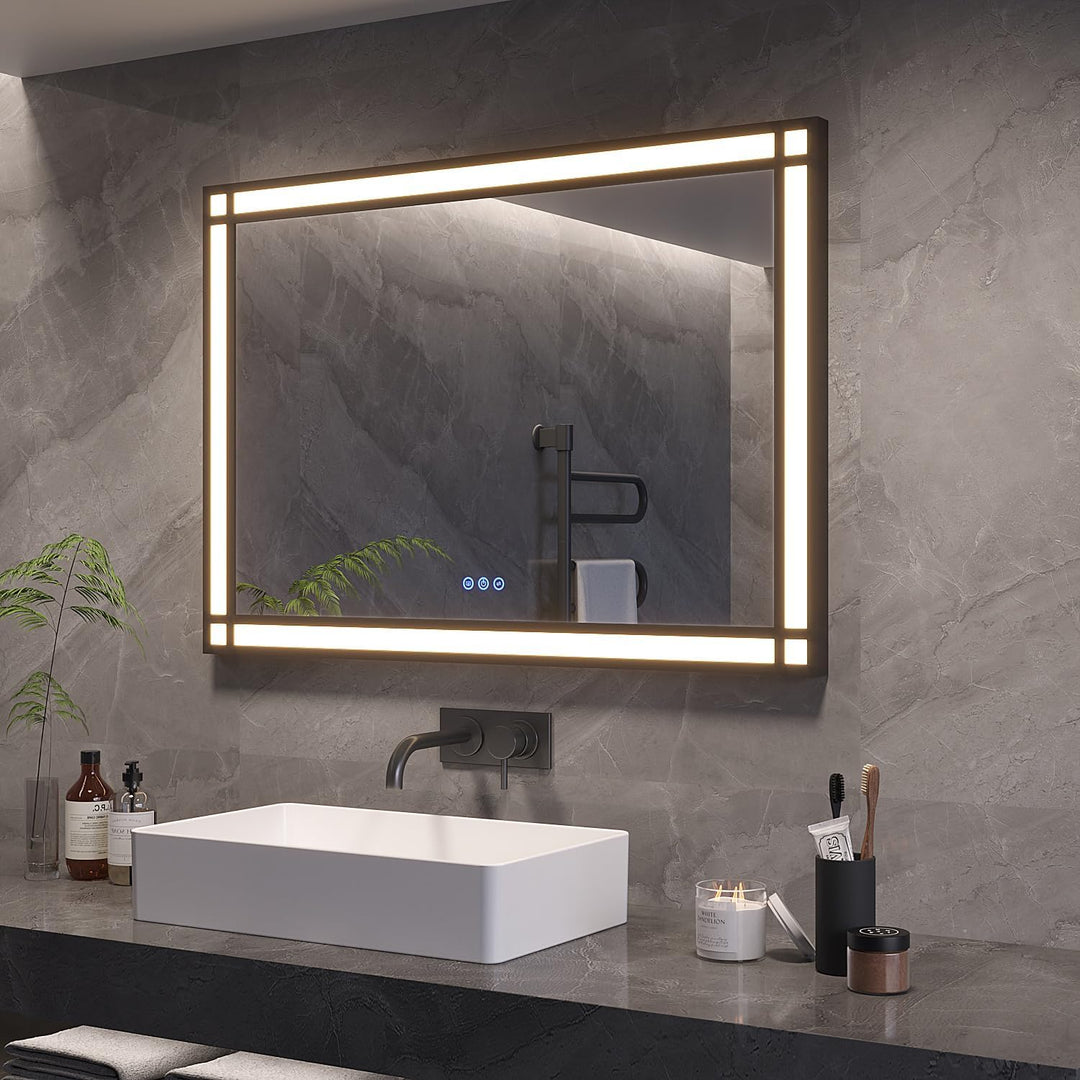 AQUABATOS Badspiegel mit Beleuchtung Schwarzer Rahmen Fensteroptik 100x70cm, Badezimmerspiegel Beleu