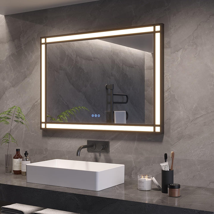 AQUABATOS Badspiegel mit Beleuchtung Schwarzer Rahmen Fensteroptik 100x70cm, Badezimmerspiegel Beleu