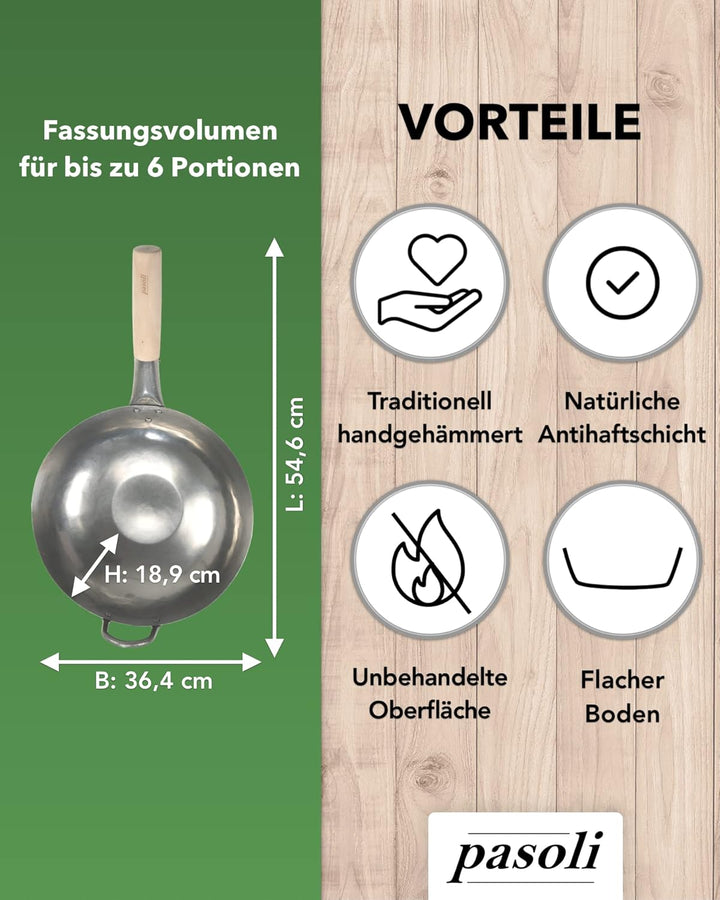 pasoli handgehämmerter Wok inkl. gratis Rezepte eBook - traditionelle Asiapfanne - Bratwok aus Carbo