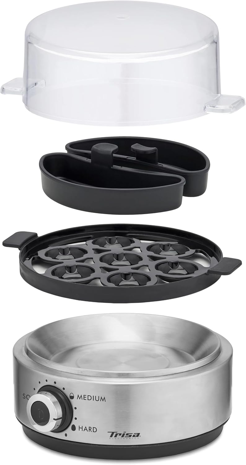 Trisa Eierkocher Vario Eggs für 7 Eier – Elektrischer Egg Cooker mit Pochieraufsatz, Härtegrad einst