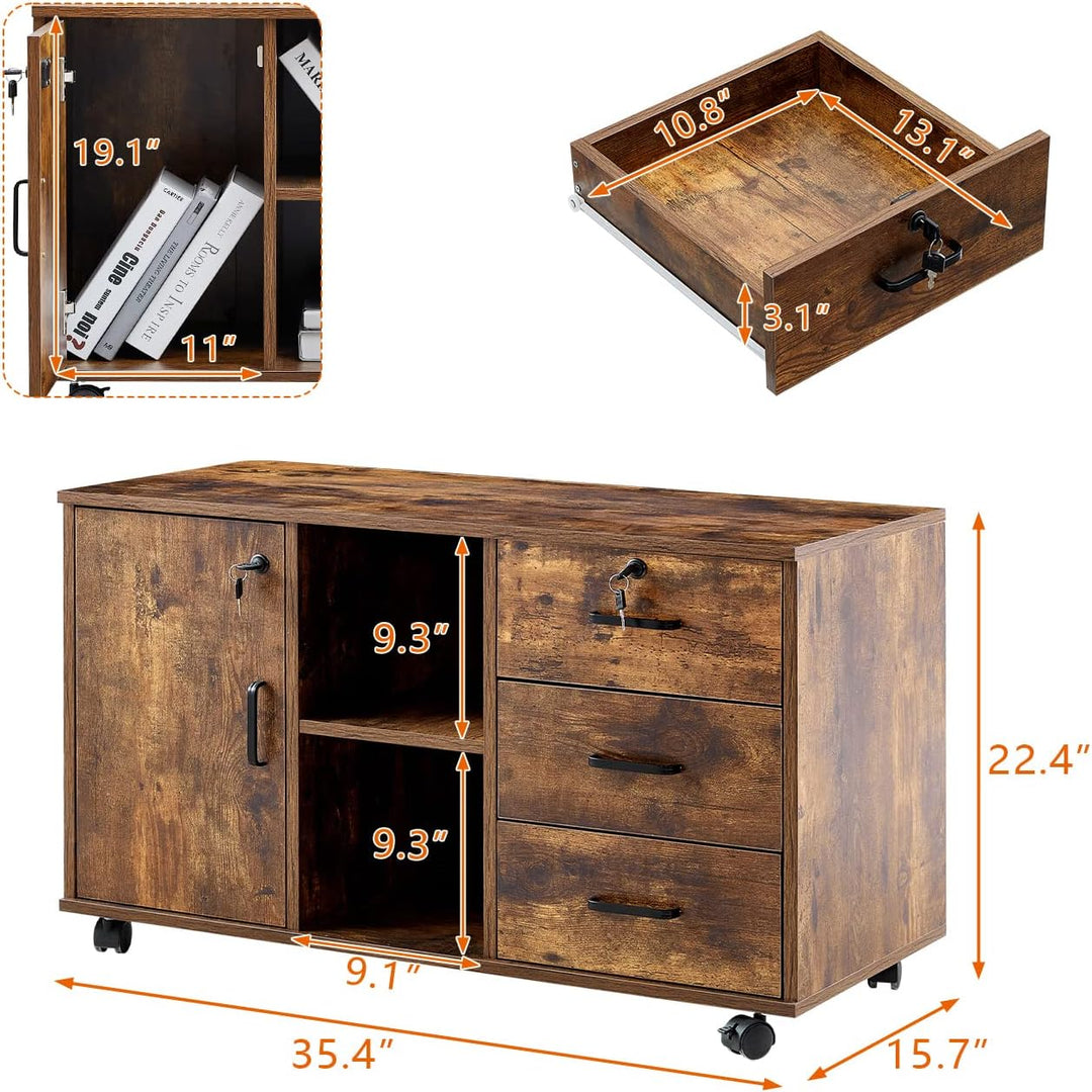 TUKAILAI Rollcontainer Abschliessbar mit 3 Schubladen, Lagerung Fach und Offene Regale, Aktenschrank