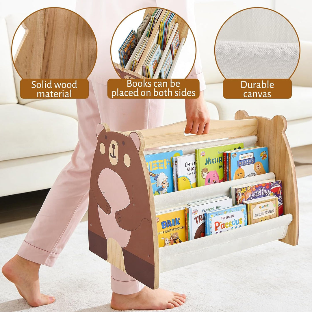 Kinder Bücherregal Holz mit 2 Etagen Bücherdisplays, Montessori Bücherregal Kinder, Kinderregal, Büc