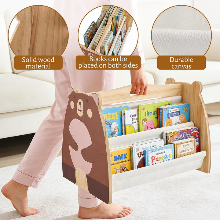 Kinder Bücherregal Holz mit 2 Etagen Bücherdisplays, Montessori Bücherregal Kinder, Kinderregal, Büc