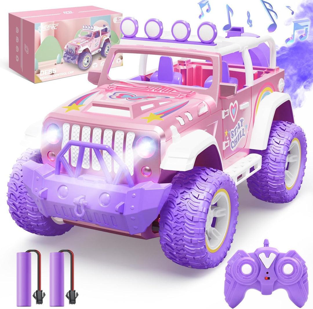 DEERC Pink Ferngesteuertes Auto für Mädchen mit Nebel und Musik, 1:16 RC Auto mit LED-Lichtern für K