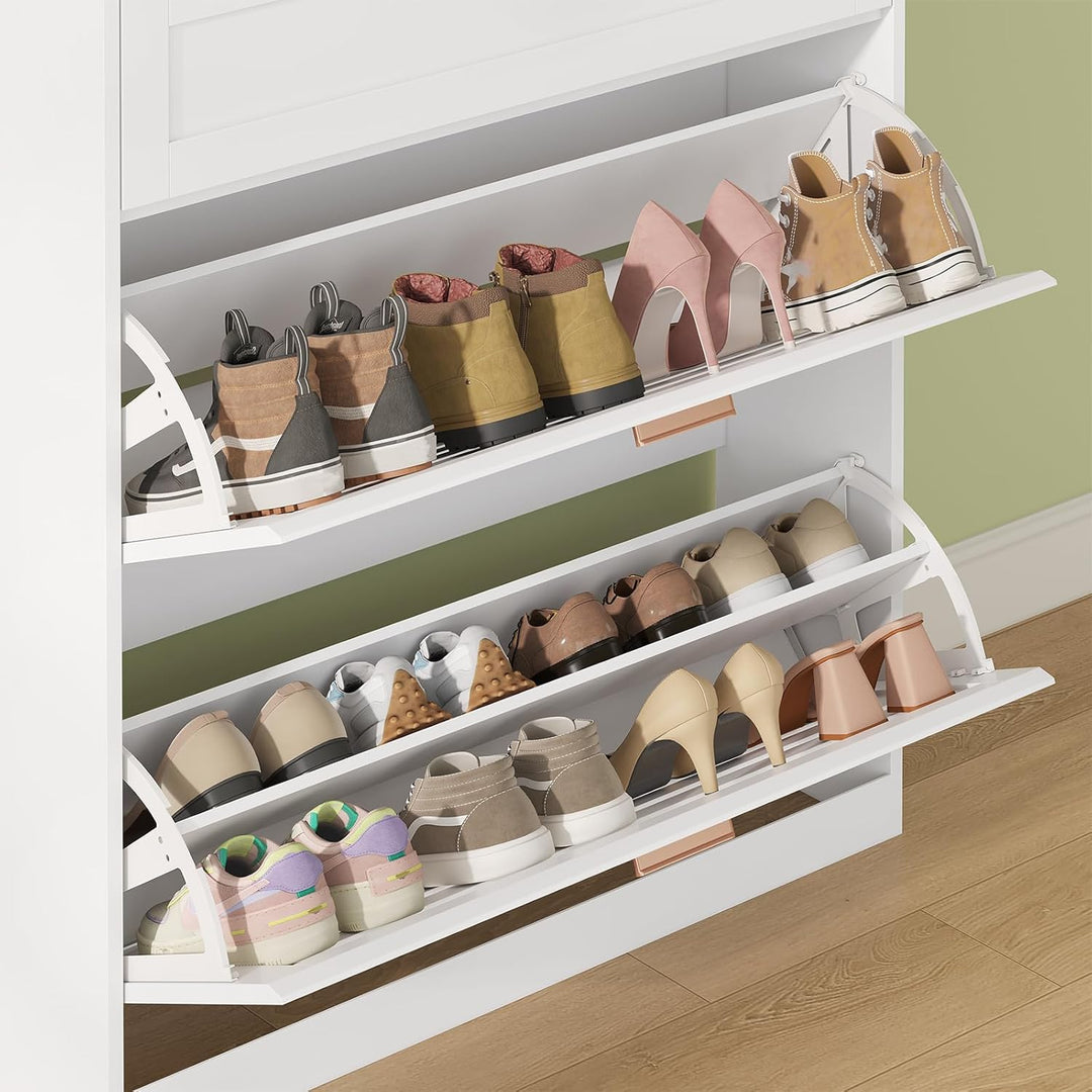 Schuhschrank mit 2 Klappen, Schublade, Schuhkipper Schmal, Trennwand Verstellbar, für 12-16 Paar Sch