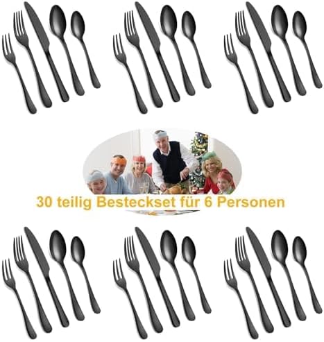 BEWOS Besteck Set für 12 Personen, 60 teilig Schwarz Mattiert Essbesteck Set inkl. Messer, Gabel, Lö