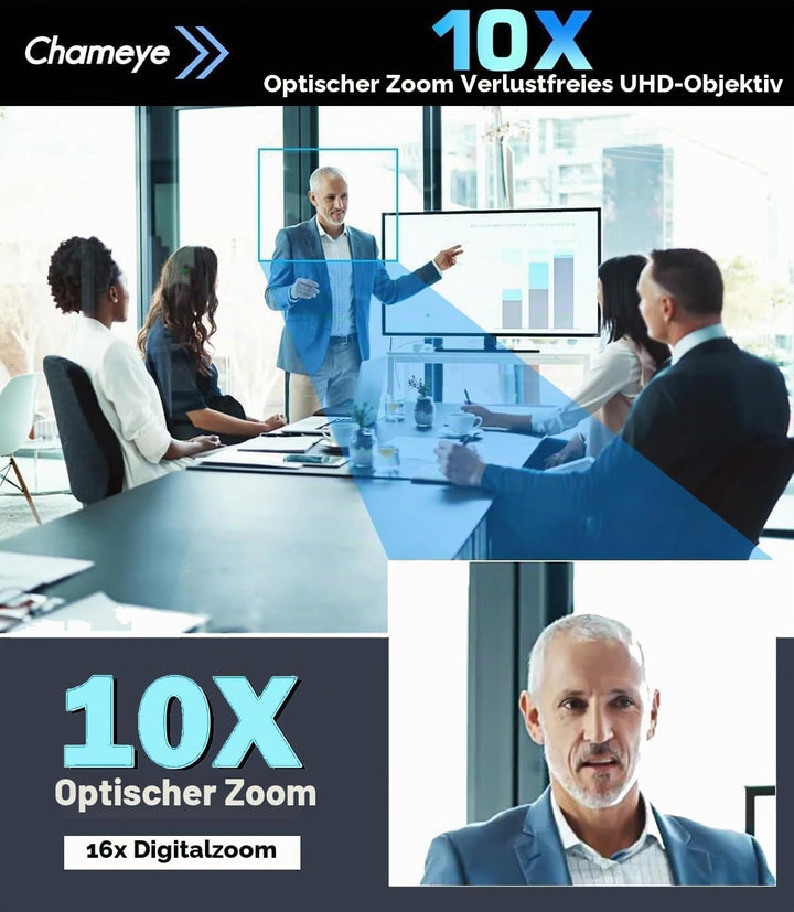 Chameye 4K PTZ Kamera mit KI-Auto-Tracking 10x Optischer Zoom, Konferenzkamera 4K mit HDMI, LAN(PoE)