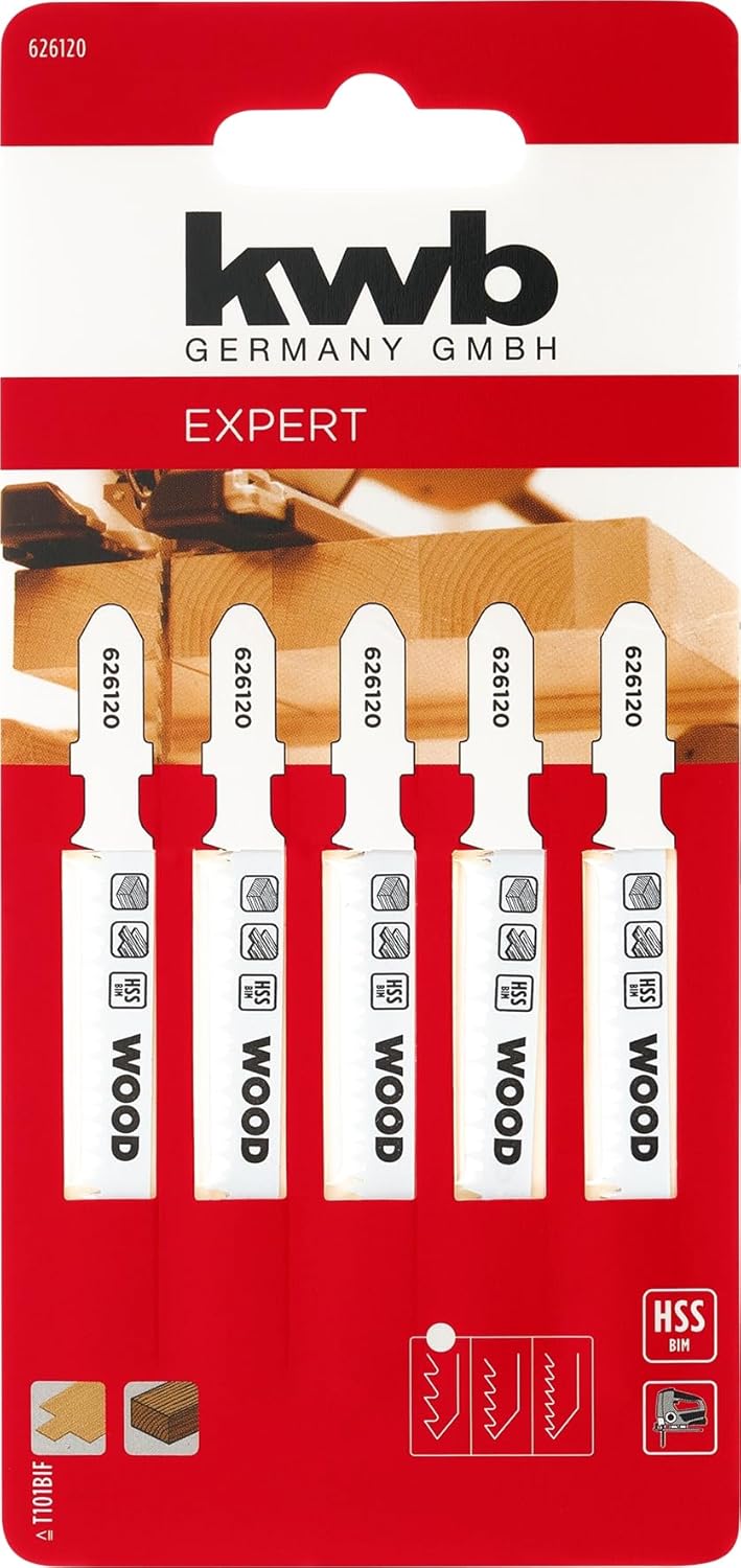 kwb 5x Stichsägeblätter Laminat (geeignet für Laminat, Hartholz, Bi-Metall, gehärtete Zähne, T-Aufna