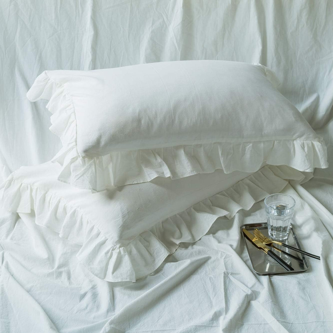 Lanqinglv Bettwäsche 155x220cm Weiss Weiss mit Rüschen,aus 100% Weiche Microfaser - Unifarben Bettbe