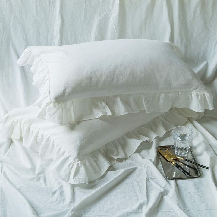 Lanqinglv Bettwäsche 155x220cm Weiss Weiss mit Rüschen,aus 100% Weiche Microfaser - Unifarben Bettbe