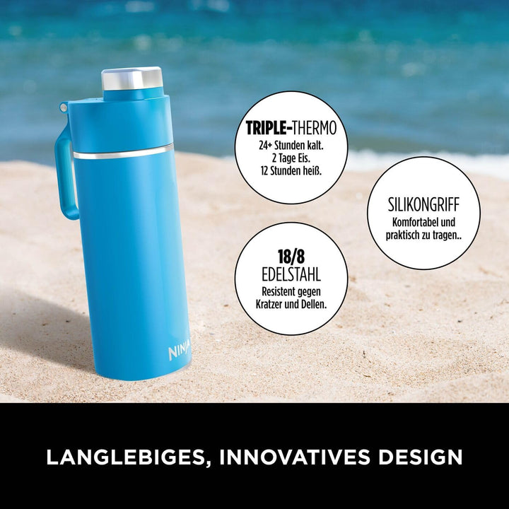 Ninja Thirsti Wasserflasche, Thermobecher to go, Tropenblau, DW1801EUUKSB | 530 ml, auslaufsicherer