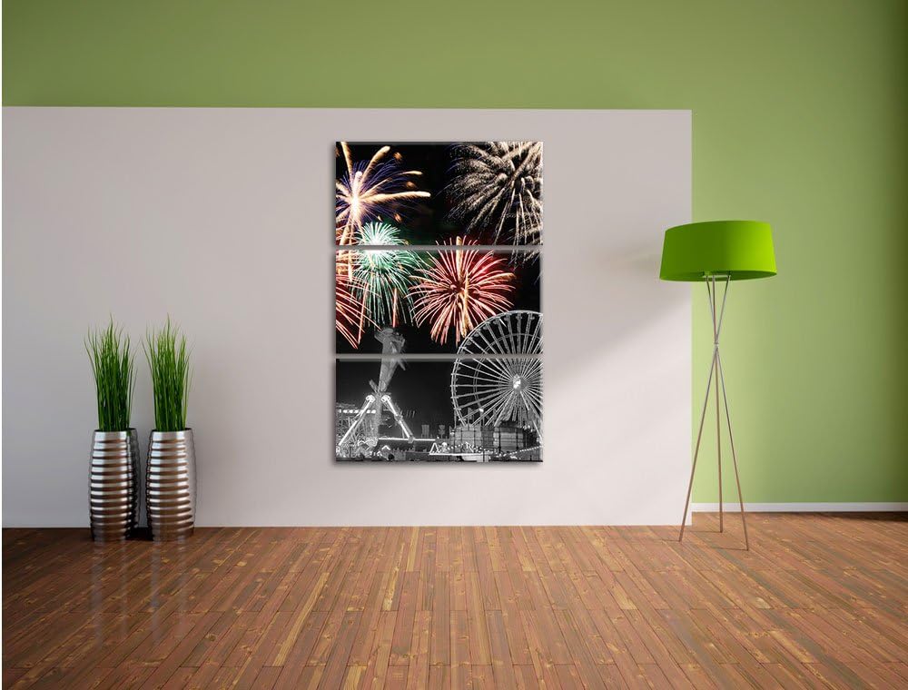 Pixxprint Silvester Feuerwerk schwarz/weiss als Leinwandbild/Grösse: 3 Teilig (120x80) cm/Wandbild/K