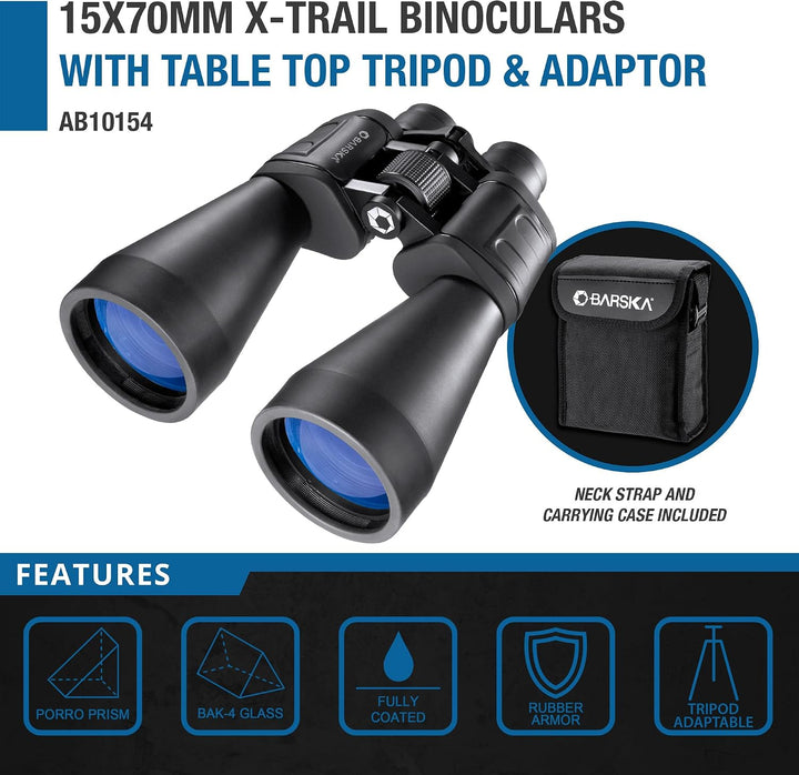 BARSKA X-Trail Fernglas mit Stativadapter und Stativ, 15 x 70, Schwarz