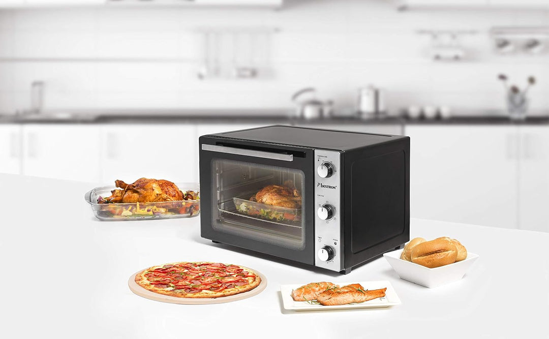 Bestron AOV31PS Kompakter Mini-Backofen mit Drehspiess und Pizzastein, 31 Liter, 1500 Watt, Edelstah