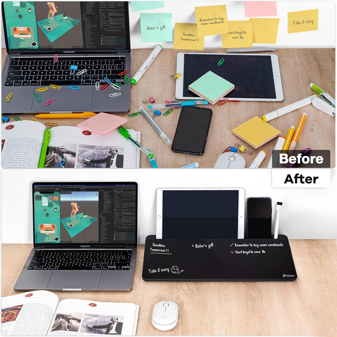 Varhomax Schreibtisch Organizer, Desktop Whiteboard Glas Schwarz Mit Aufbewahrung Abwischbar, To Do