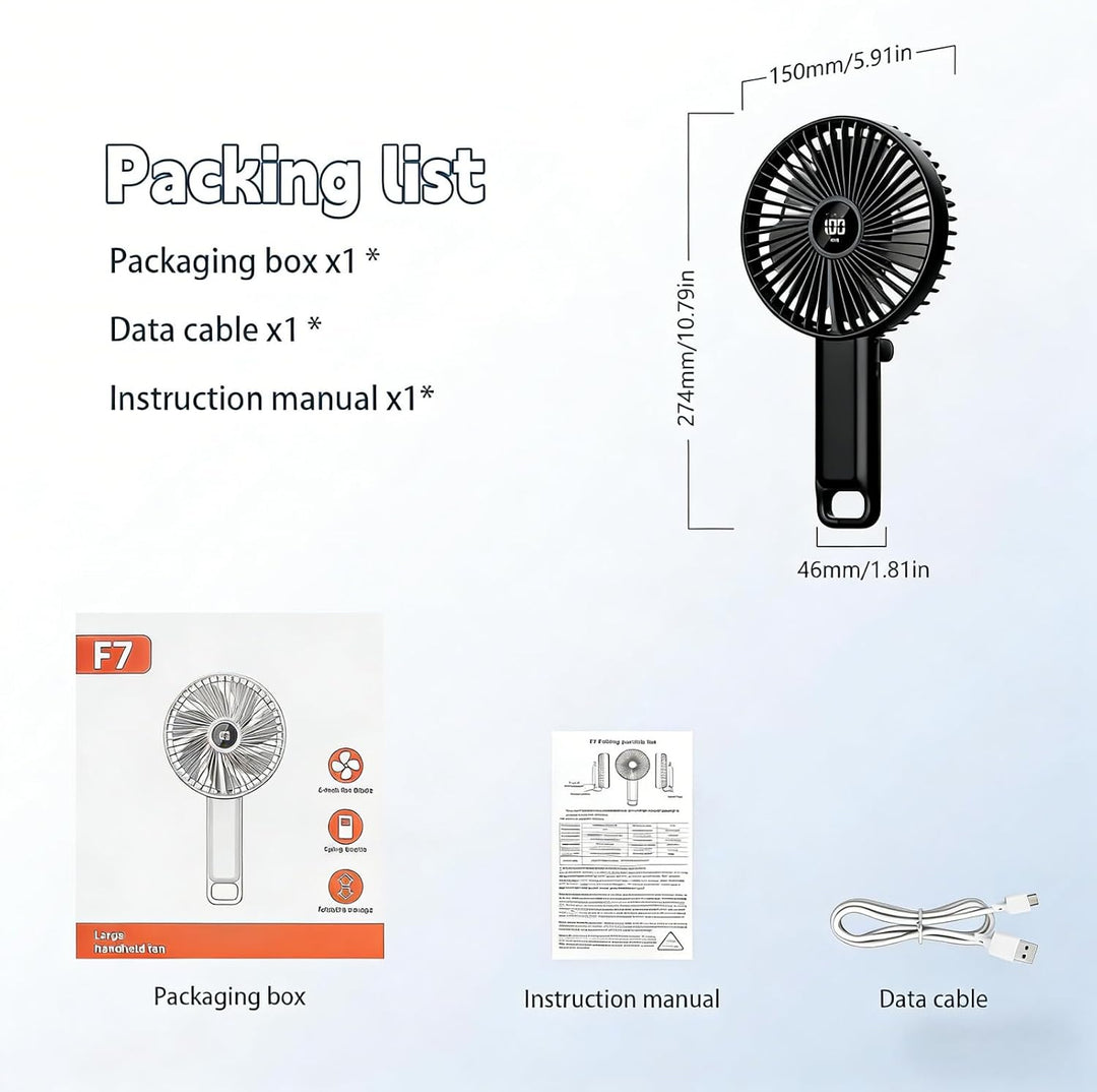 VanSmaGo Handventilator Akku Aufladbar, 5 Stufen USB Fan (Full Black) | Tisch/Hand/Reise, 8,5 Std. A