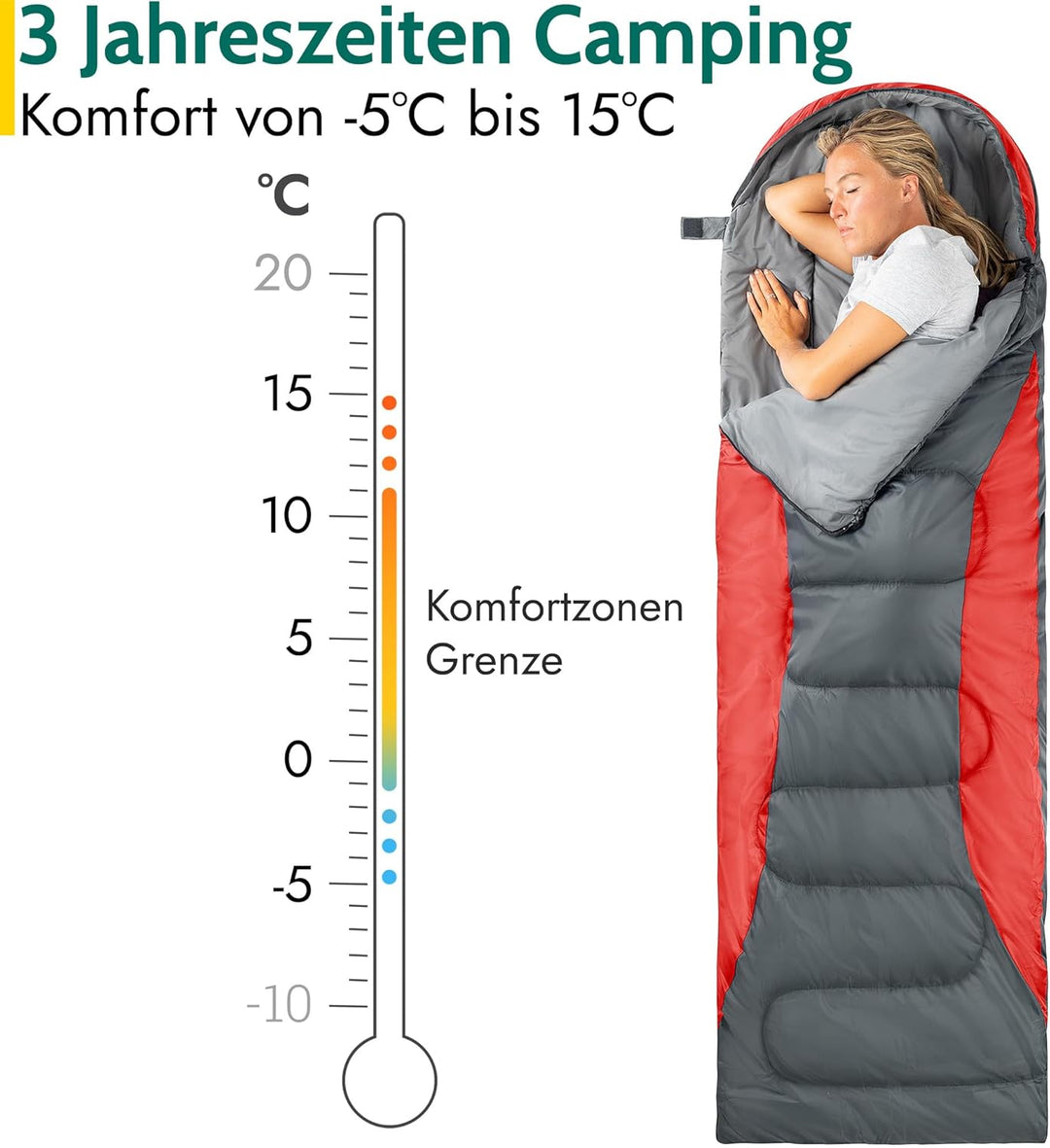 Trail-Alpin-Schlafsack mit Kapuze – 250 g Schlafsack, 3-Jahreszeiten- Schlafsack. Leicht, kleines Pa