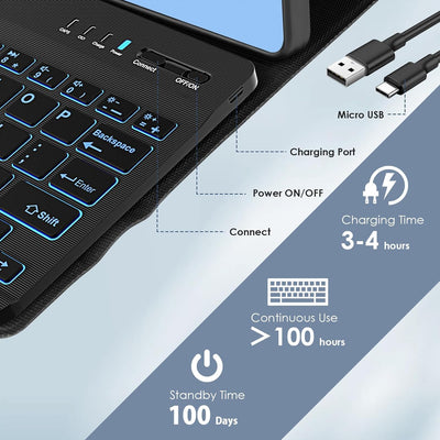Qoosea Beleuchtete Tastatur Hülle für Samsung Galaxy Tab A9 8.7" 2023, Soft TPU Rückseite Gehäuse Kl