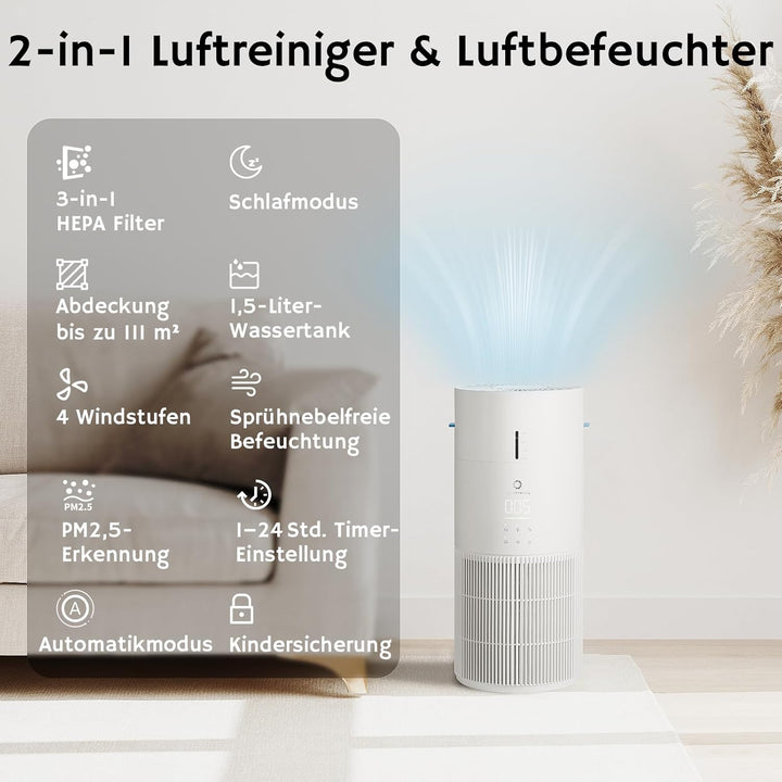 Airthereal 2-in-1 Luftreiniger mit Luftbefeuchter für bis zu 125 m², 3-Stufen-Filter, Luftqualitätsa