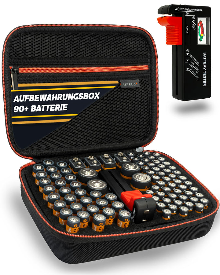 AKIELO+ Batterie Aufbewahrungsbox Mit Universalem Tester (Edition Core – Über 90+) – Unordnungfreie