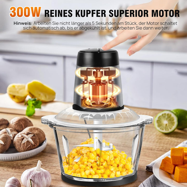 Kitchen Pro 2L Mini-Zerkleinerer mit Glasschale - Mini-Universalzerkleinerer mit Edelstahlklingen -