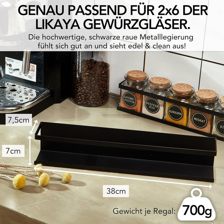 LIKAYA® Gewürzregal 2er Set aus schwarzem Metall mit 3M™ Klebepads für zB unsere Gewürzgläser (2x6 S