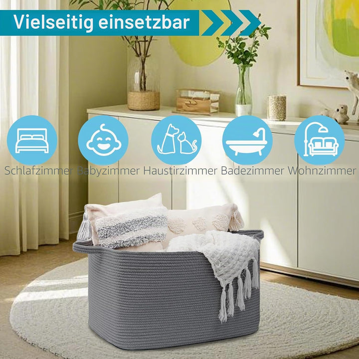 Baumwollseil Aufbewahrungskorb Square(63L, Dunkelgrau), Aufbewahrungskorb Kinder mit Griffen, Korb A