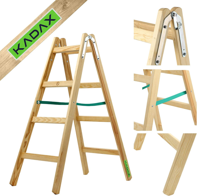 KADAX Holzleiter, Bockleiter bis 150 kg, klappbare Malerleiter, Doppelstufenleiter mit Stahlhaken, E