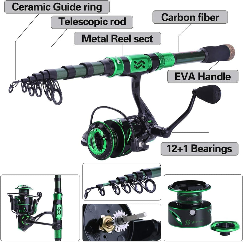 Sougayilang Angelrute und Rolle Combos, Kohlefaser Teleskop Angelrute 12 +1 BB Spinning Reel mit Tra