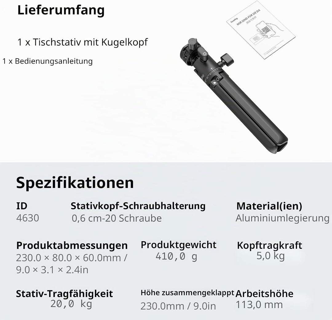 SMALLRIG Tragbares Mini-Tischstativ, Kompaktes Kleines Tischstativ aus Aluminiumlegierung mit 360°-K