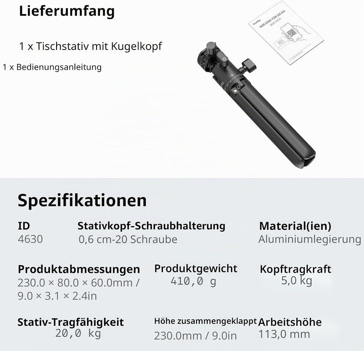 SMALLRIG Tragbares Mini-Tischstativ, Kompaktes Kleines Tischstativ aus Aluminiumlegierung mit 360°-K