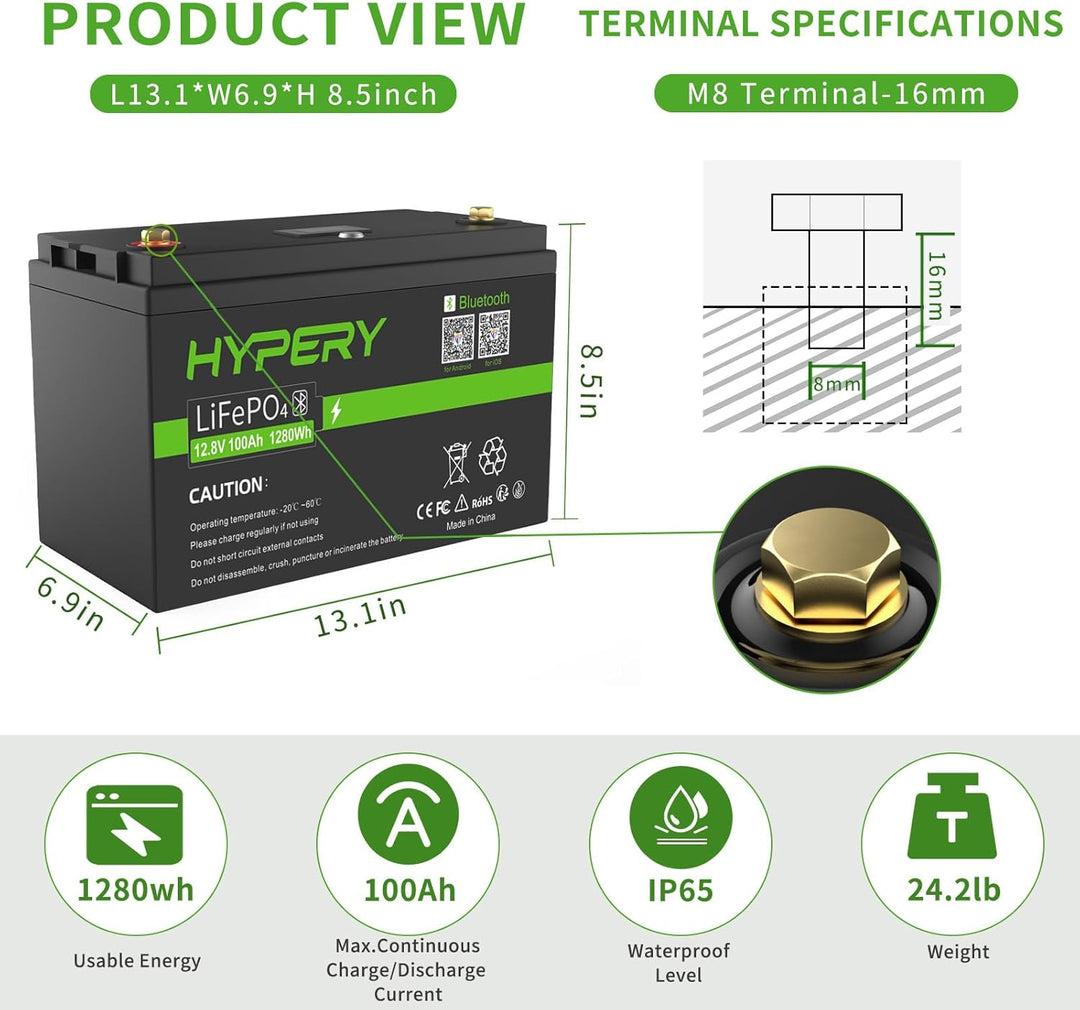 Smart 12V 100Ah LiFePO4 Batterie mit Bluetooth, LED-Display, Startschalter und BMS, perfekte Lithium