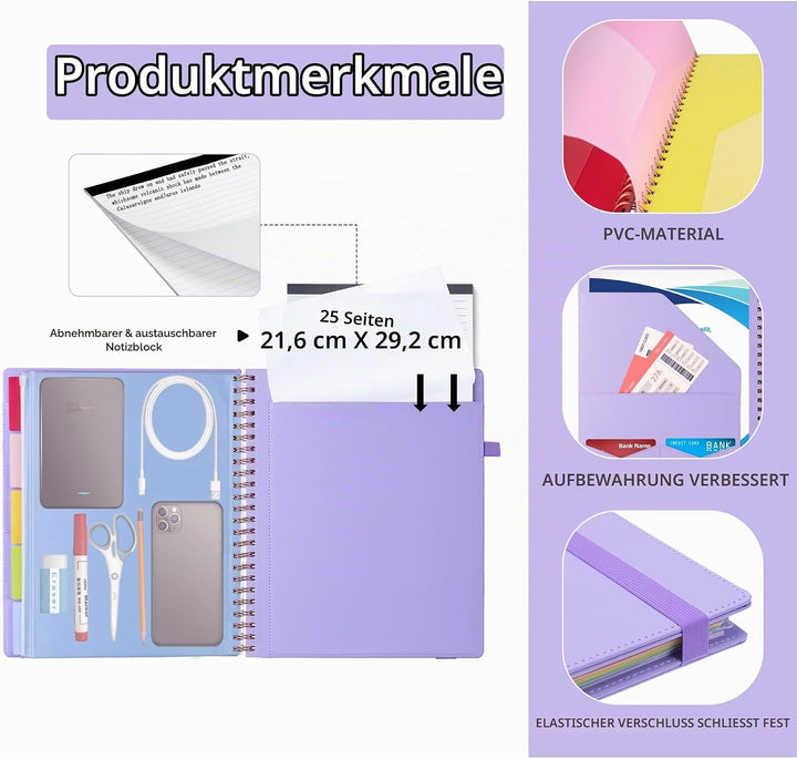 Hautoco Klemmbrett Folio mit a4 Zip Beutel, Klemmbrettmappe mit nachfüllbarem Notizblock, 5 A4-Ordne