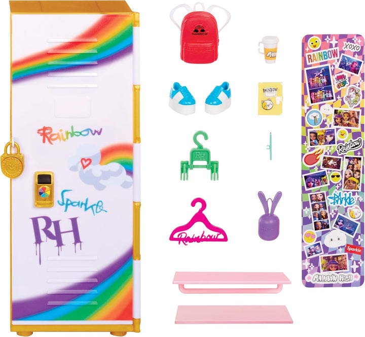 Rainbow High Design & Style - Spind-Spielset mit Regalen, Kleiderbügeln, Zubehör und Stickern, für K