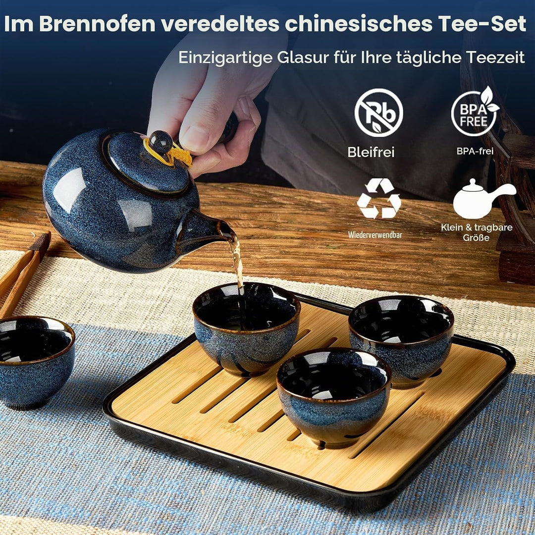 DUJUST Chinesische Gongfu-Teeset, glasierte Porzellan-Set mit 1 Teekanne, 4 Tassen &amp; 1 Teetablett, t
