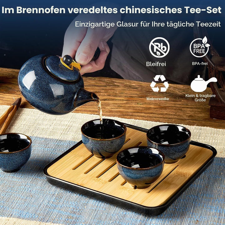 DUJUST Chinesische Gongfu-Teeset, glasierte Porzellan-Set mit 1 Teekanne, 4 Tassen &amp; 1 Teetablett, t