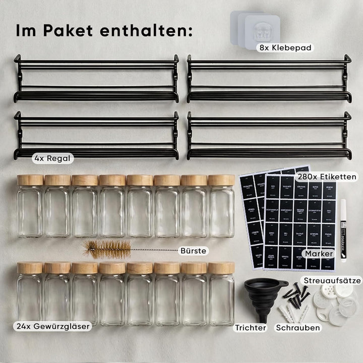 Deco haus® Gewürzregal Wand ohne Bohren [MIT 24 GEWÜRZGLÄSER & ETIKETTEN] - Gewürzregal Hängend 4er