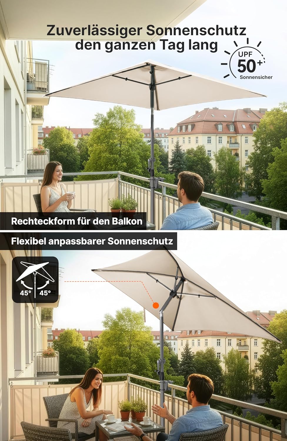 4smile Sonnenschirm Balkon mit Halterung im 3-er-Set, 200x125 cm, UV 50+, Sonnenschutz Balkon, Balko