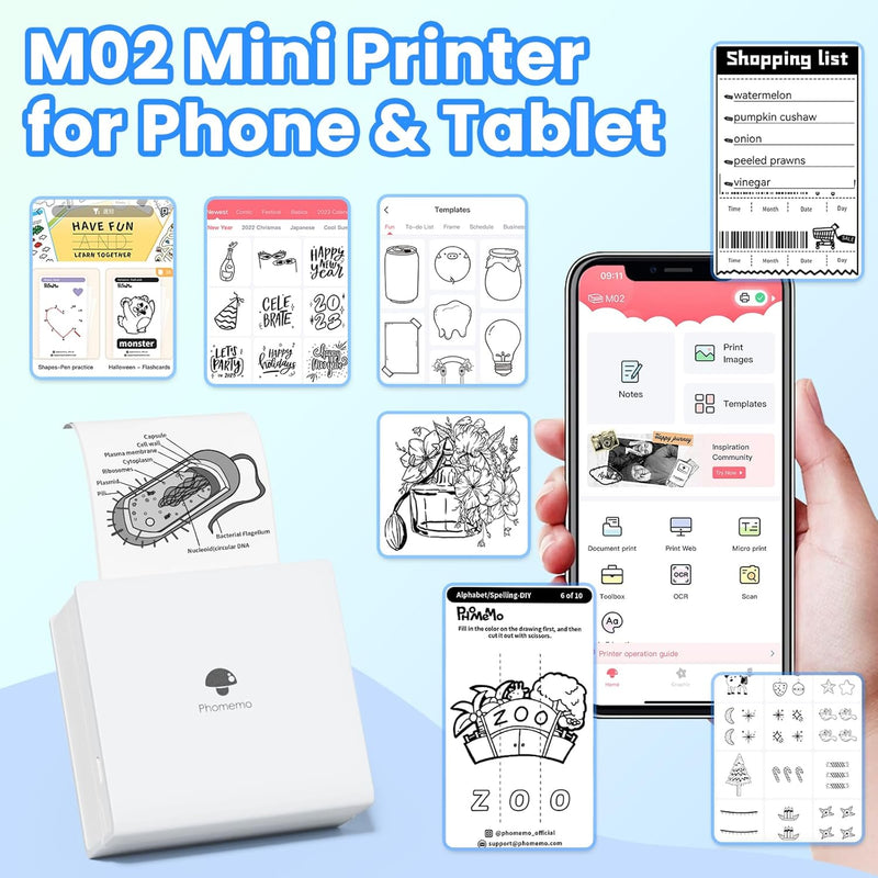 Phomemo M02 Mini Drucker mit 3 Etikettenrollen, Taschendrucker für Smartphone, Bluetooth Aufkleber D